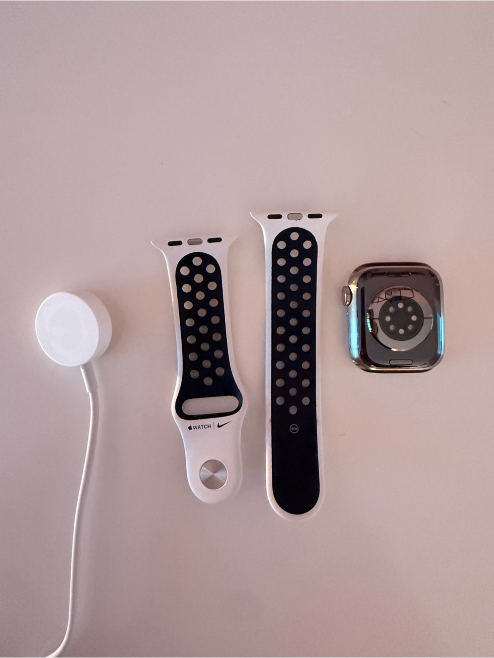Apple Watch Stainless Case with White and Black Nike Sport Band and Charger
